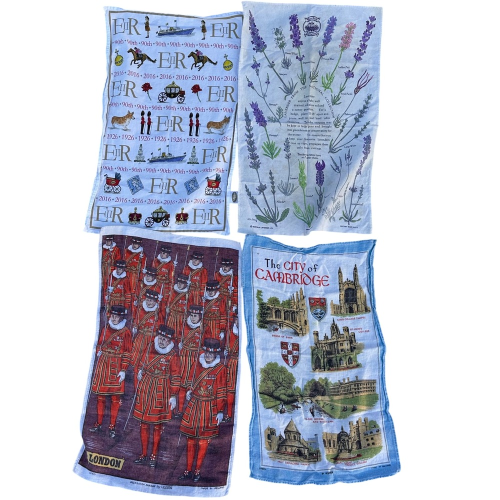 Vintage British Tea Towel Lot Ulster Irish Linen Beefeater Cambridge QEII 4pc